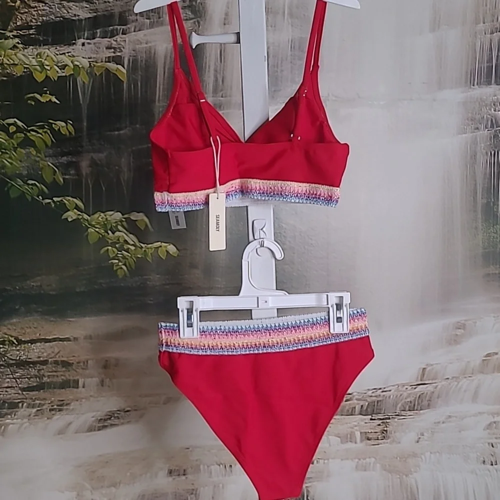 New with tags! Seamoly Womens XS red twist bikini colorful zig zag trim swimsuit
